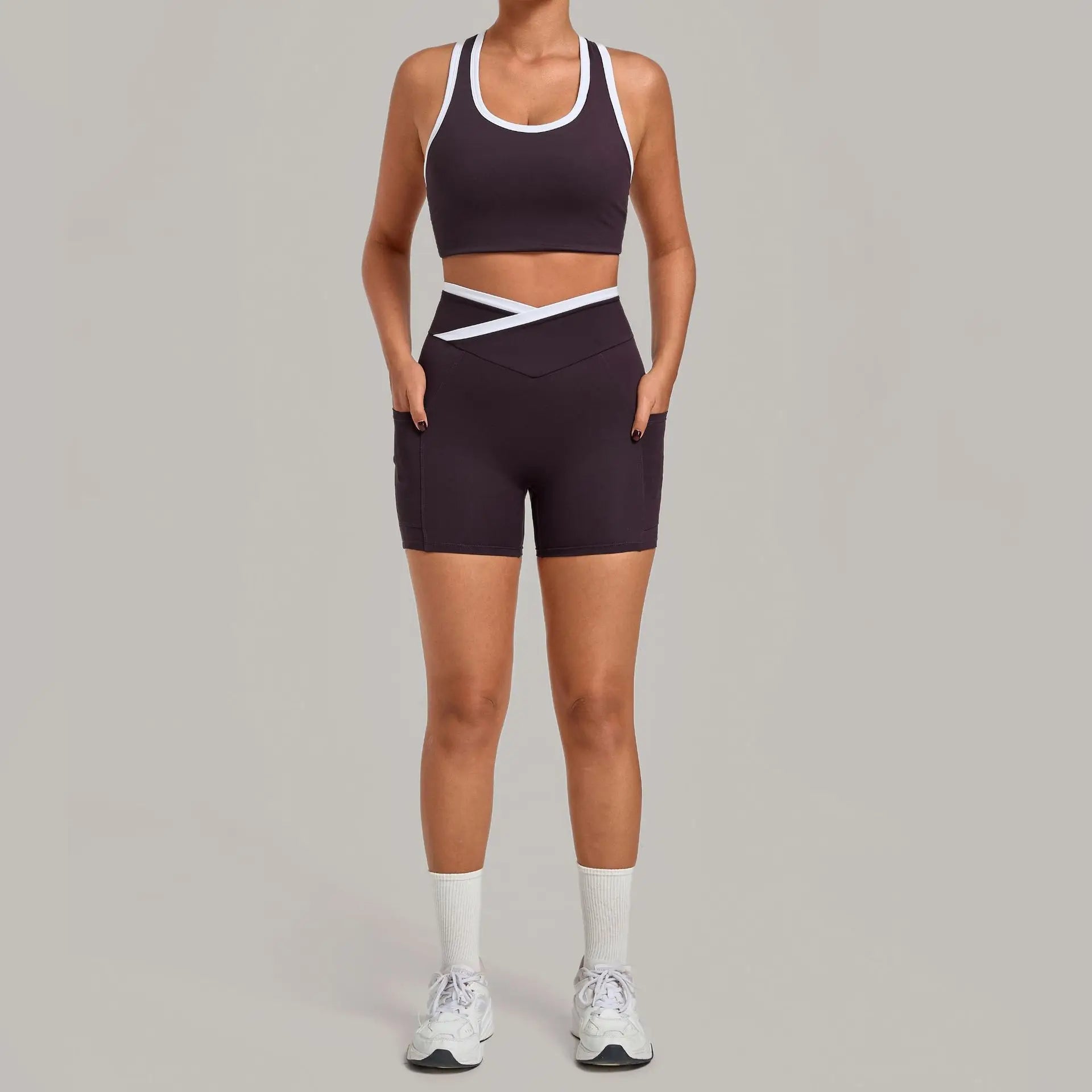 Gym Workout Clothes Women's Tight Vest Straight Pocket Shorts Yoga Sets Contrasting Splicing Outdoor Sports Running Fitness Suit