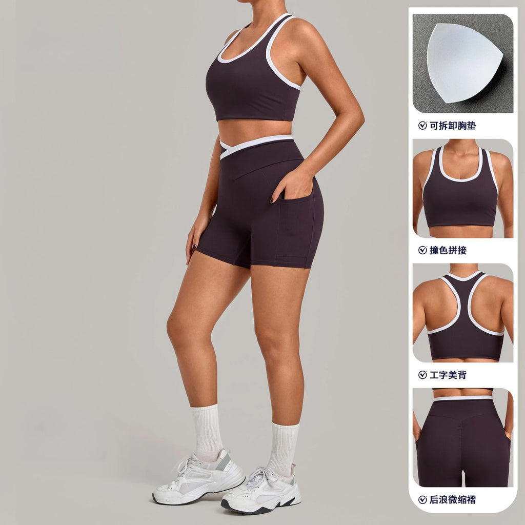 Gym Workout Clothes Women's Tight Vest Straight Pocket Shorts Yoga Sets Contrasting Splicing Outdoor Sports Running Fitness Suit