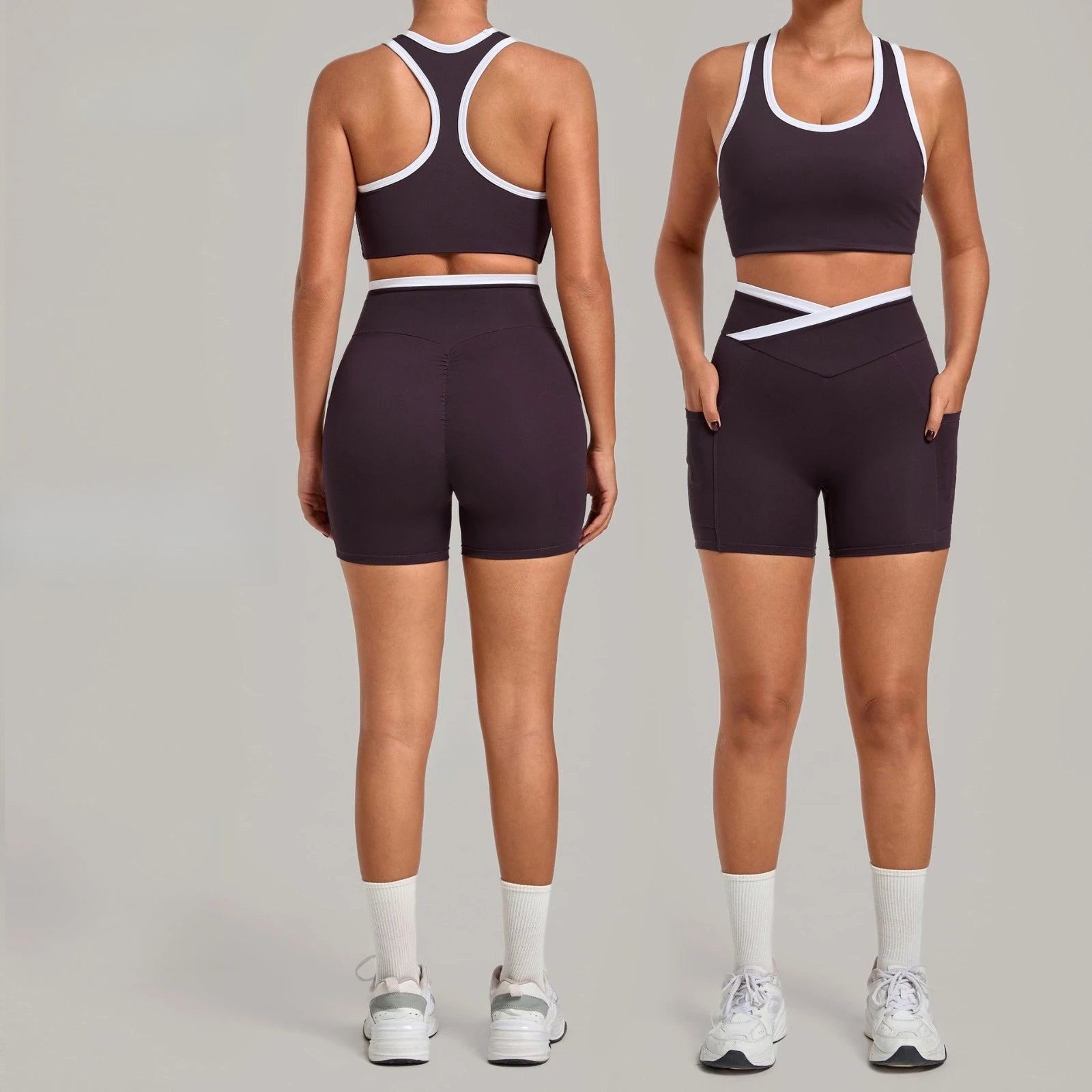 Gym Workout Clothes Women's Tight Vest Straight Pocket Shorts Yoga Sets Contrasting Splicing Outdoor Sports Running Fitness Suit