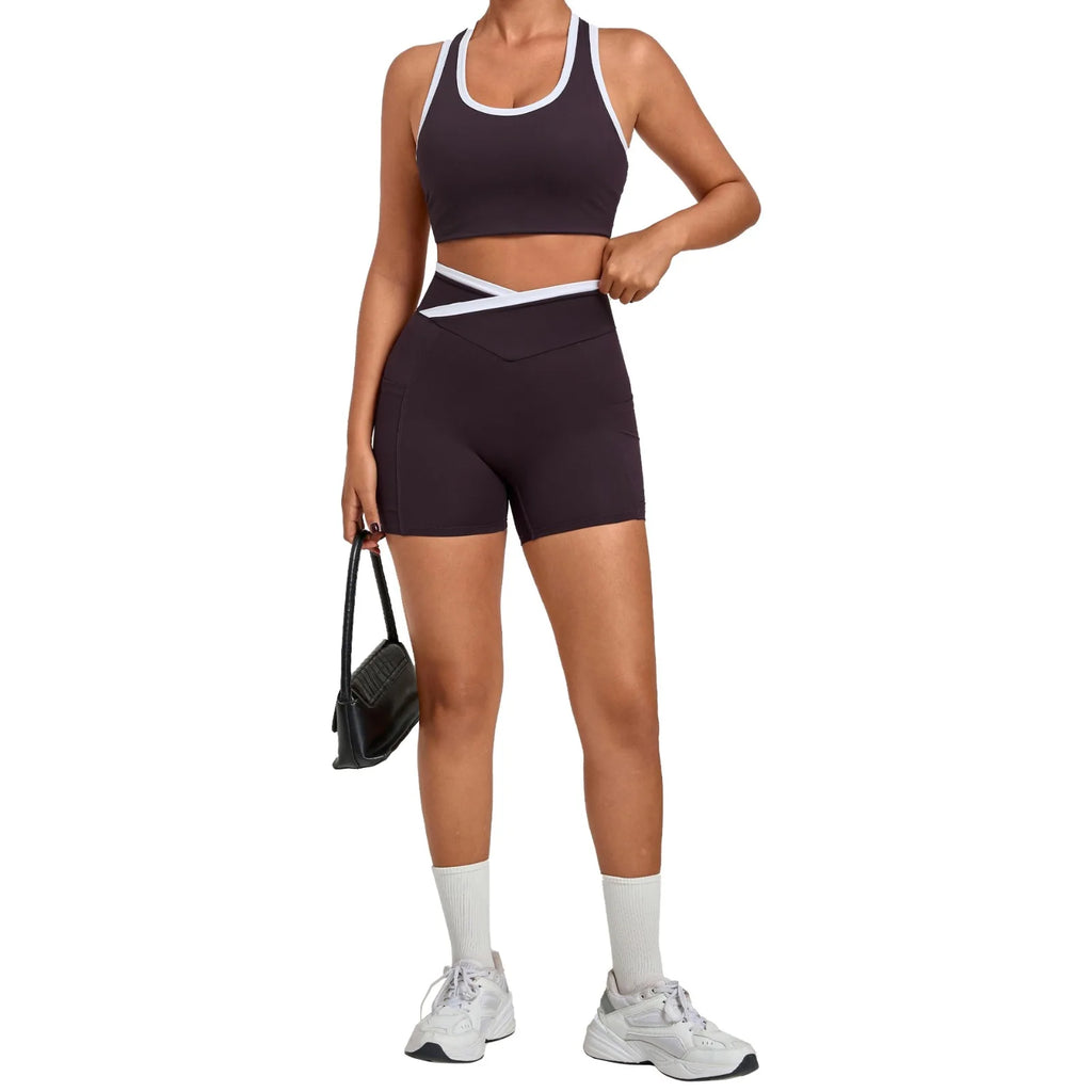 Gym Workout Clothes Women's Tight Vest Straight Pocket Shorts Yoga Sets Contrasting Splicing Outdoor Sports Running Fitness Suit