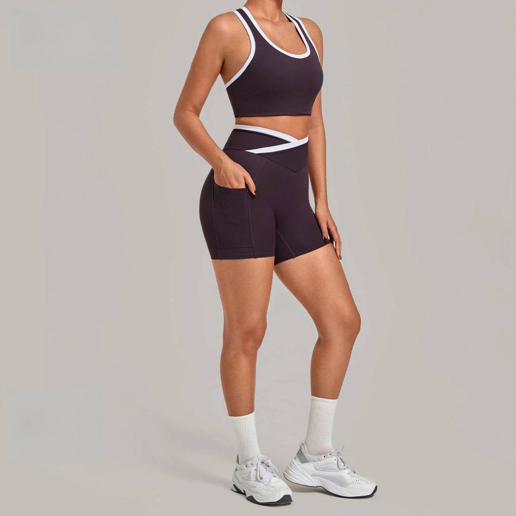 Gym Workout Clothes Women's Tight Vest Straight Pocket Shorts Yoga Sets Contrasting Splicing Outdoor Sports Running Fitness Suit