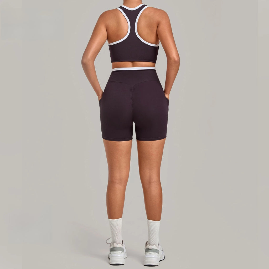 Gym Workout Clothes Women's Tight Vest Straight Pocket Shorts Yoga Sets Contrasting Splicing Outdoor Sports Running Fitness Suit