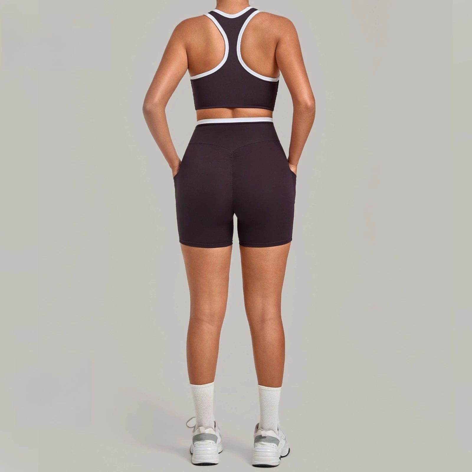 Gym Workout Clothes Women's Tight Vest Straight Pocket Shorts Yoga Sets Contrasting Splicing Outdoor Sports Running Fitness Suit