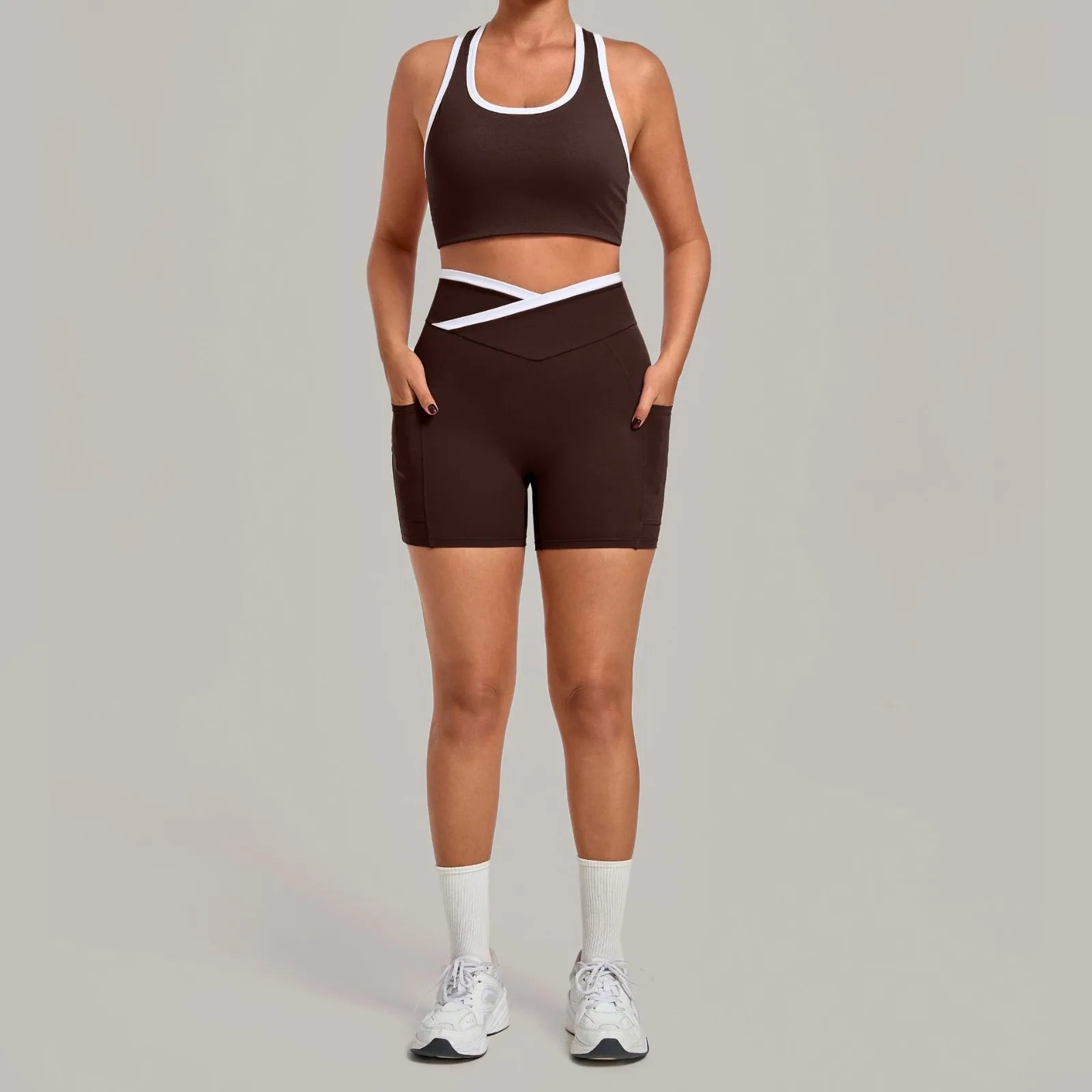 Gym Workout Clothes Women's Tight Vest Straight Pocket Shorts Yoga Sets Contrasting Splicing Outdoor Sports Running Fitness Suit