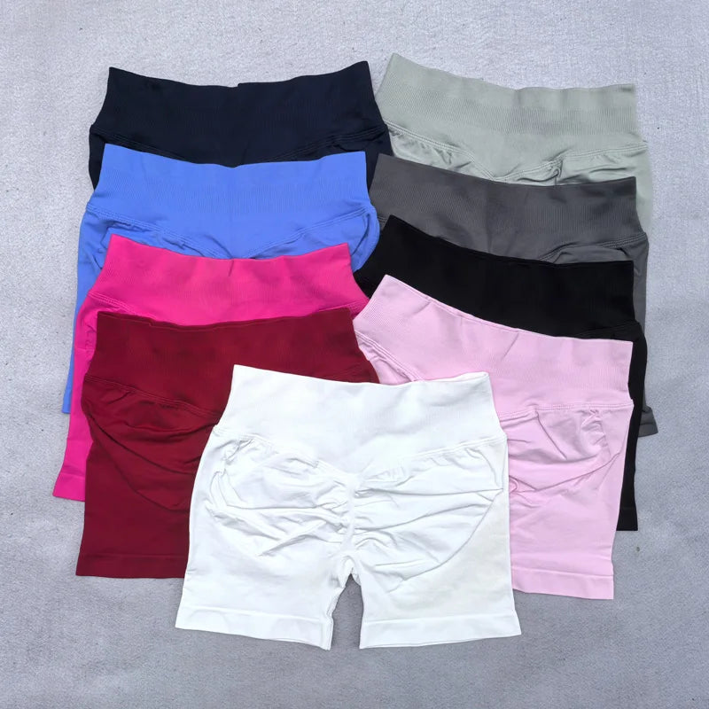 Seamless Ribbed Waistband Sports Shorts - Yoga & Fitness
